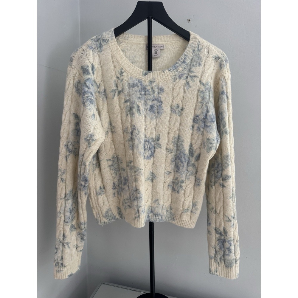 Sincerely Jules Womens XL Blue Floral Cable Knit‎ Sweater Cottagecore Cropped